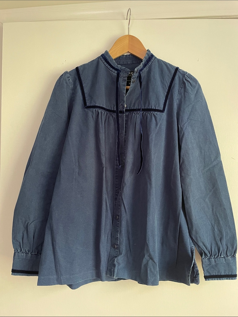 A.P.C. Blue Button-Front Denim Peasant Blouse